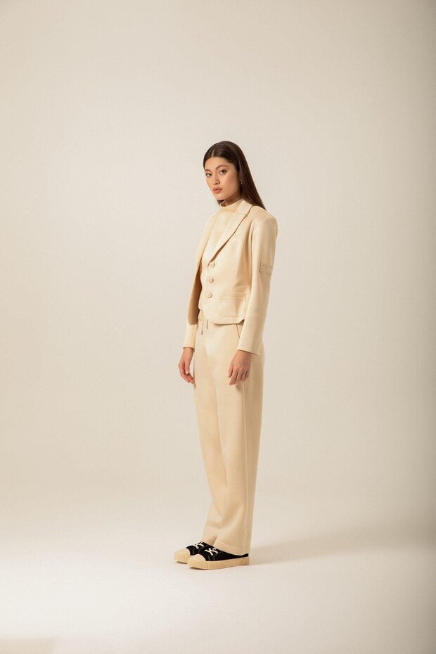 Düğme Detaylı Örme Ekru Ceket - 3