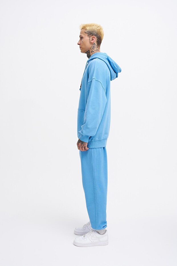 Erkek Basic Kapüşonlu Oversize Yıkamalı Mavi Sweatshirt - 5