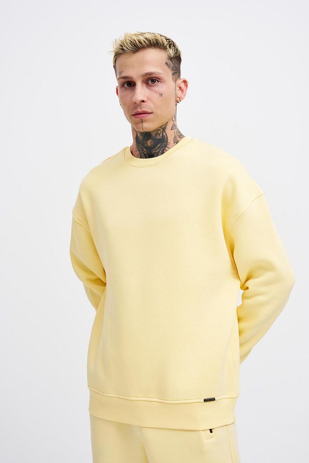 Erkek Basic Bisiklet Yaka Oversize Sarı Sweatshirt - 1
