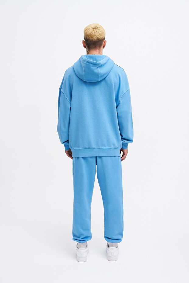 Erkek Basic Kapüşonlu Oversize Yıkamalı Mavi Sweatshirt - 6