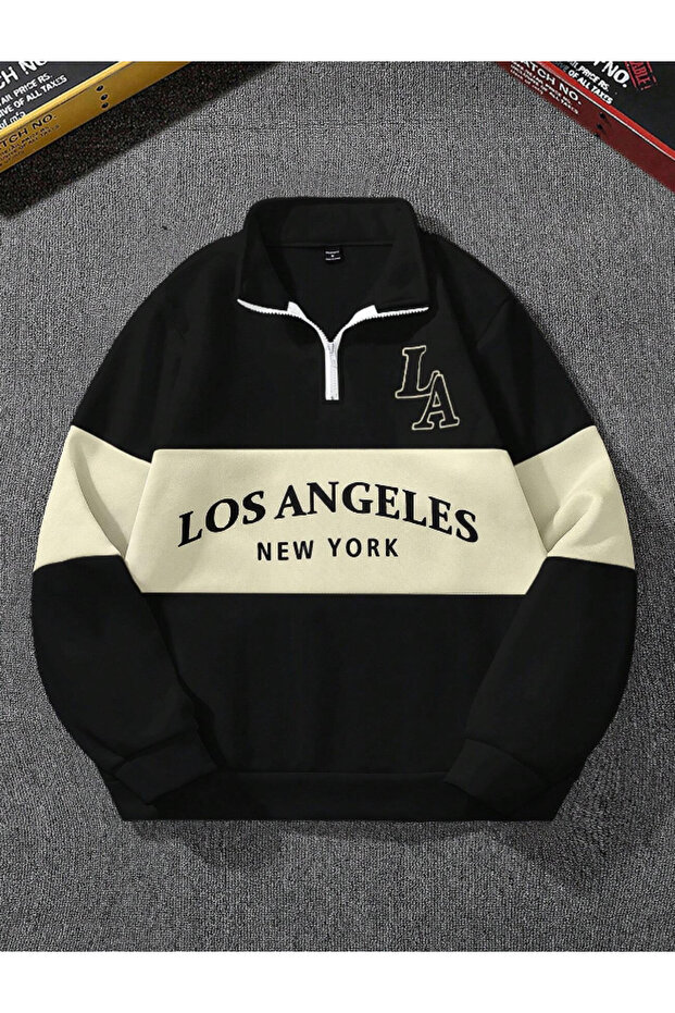 Black Beige Los Angeles Printed Oversize Piece Polo Neck Zip-Up Sweatshirt (One Piece)