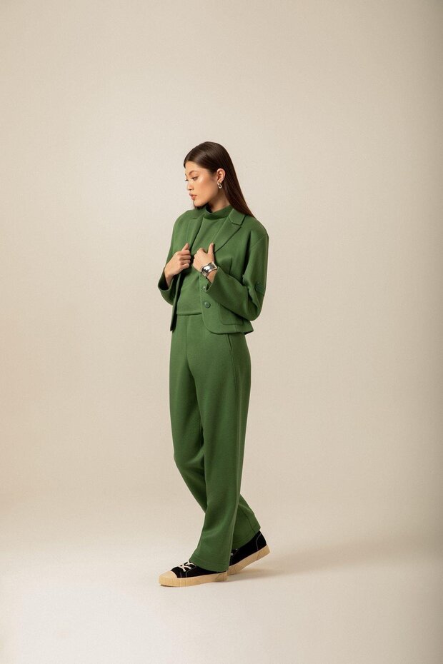 Düğme Detaylı Örme Yeşil Ceket - 3