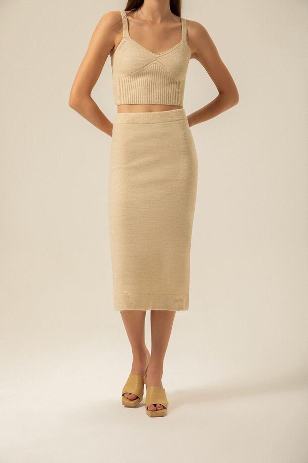 Lastikli Camel Midi Triko Etek - 2