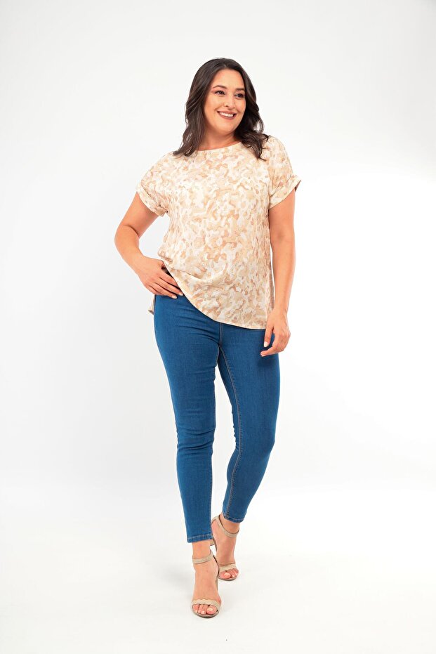 Plus Size Patterned Low Sleeve Basic Mink Blouse - 2