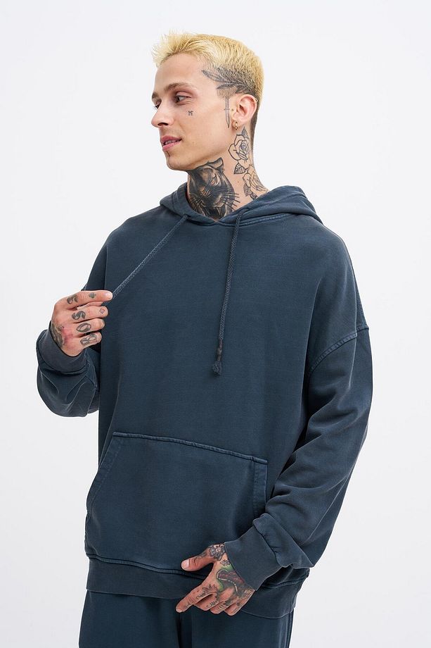 Erkek Basic Solid Kapüşonlu Oversize Yıkamalı Antrasit Sweatshirt - 5