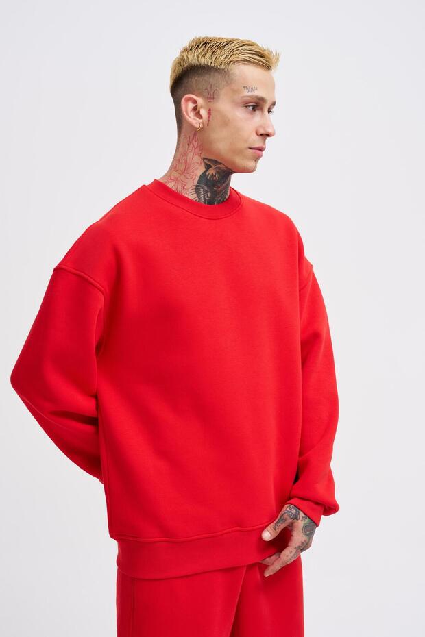 Erkek Basic Bisiklet Yaka Oversize Kırmızı Sweatshirt - 1