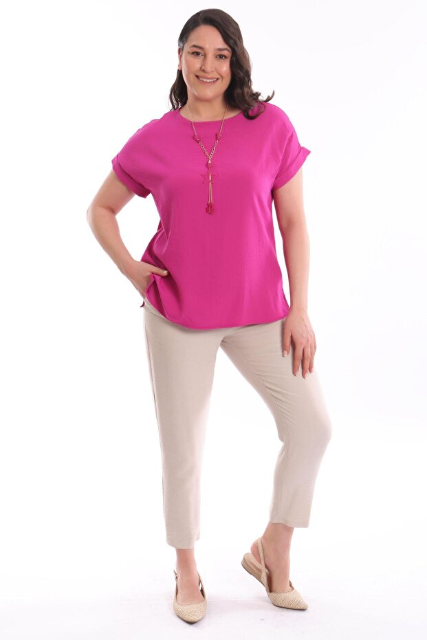 بلوزة خضراء أساسية بأكمام منخفضة مقاس كبير - 4