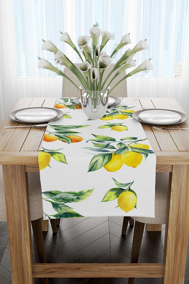 Beyaz Sarı Limon Desenli Dijital Baskılı Runner - Oytyk895-rn - 1