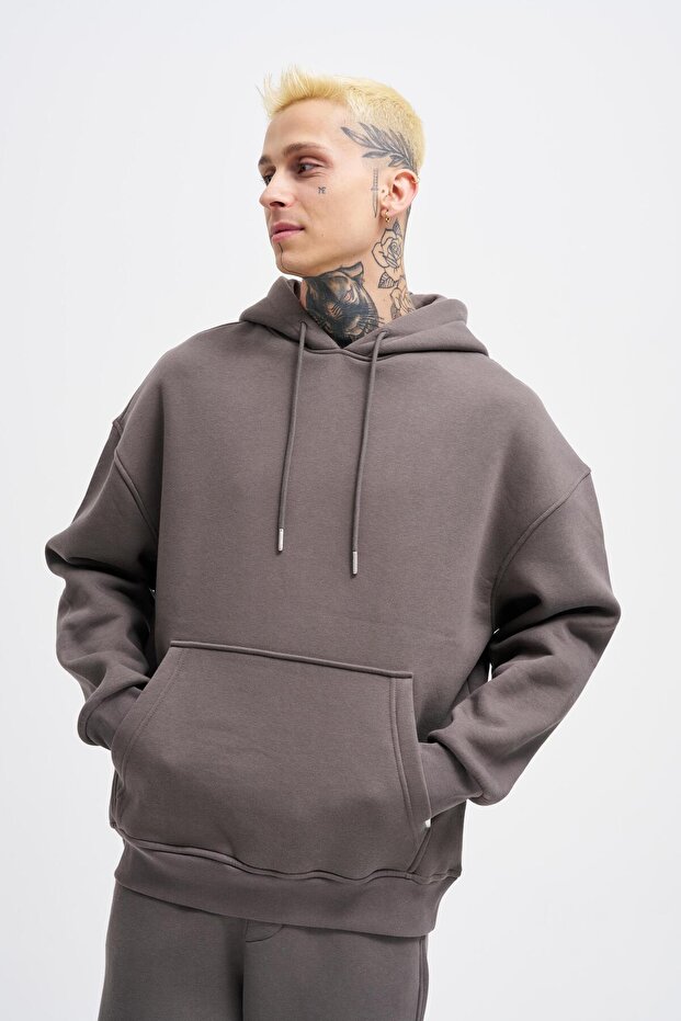 Erkek Basic Kapüşonlu Oversize Duman Sweatshirt - 2
