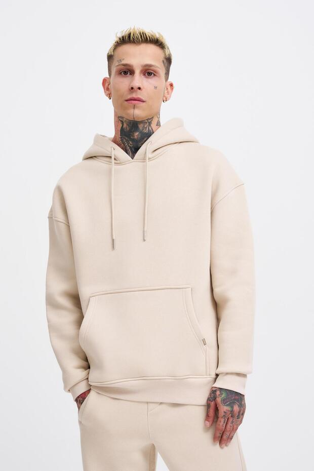 Erkek Basic Kapüşonlu Oversize Açık Bej Sweatshirt - 3