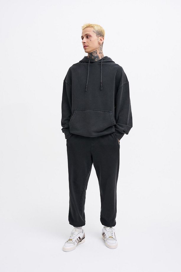 Erkek Yıkamalı Basic Jogger Siyah Eşofman Altı - 5