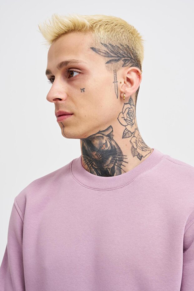 Erkek Bisiklet Yaka Basic Regular Pembe Sweatshirt - 3