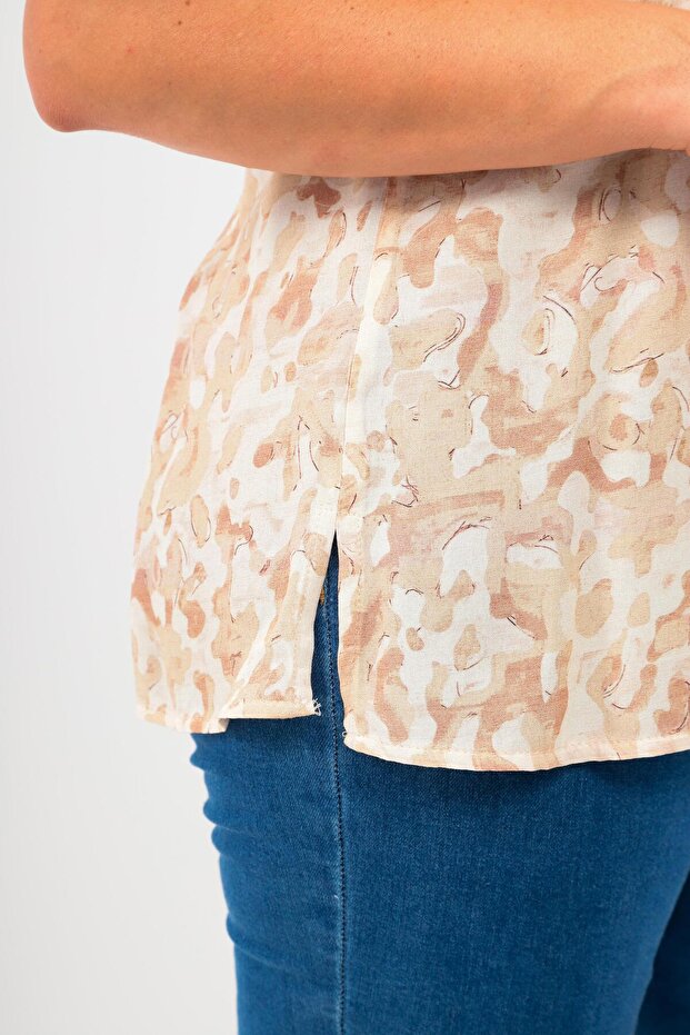 Plus Size Patterned Low Sleeve Basic Mink Blouse - 4