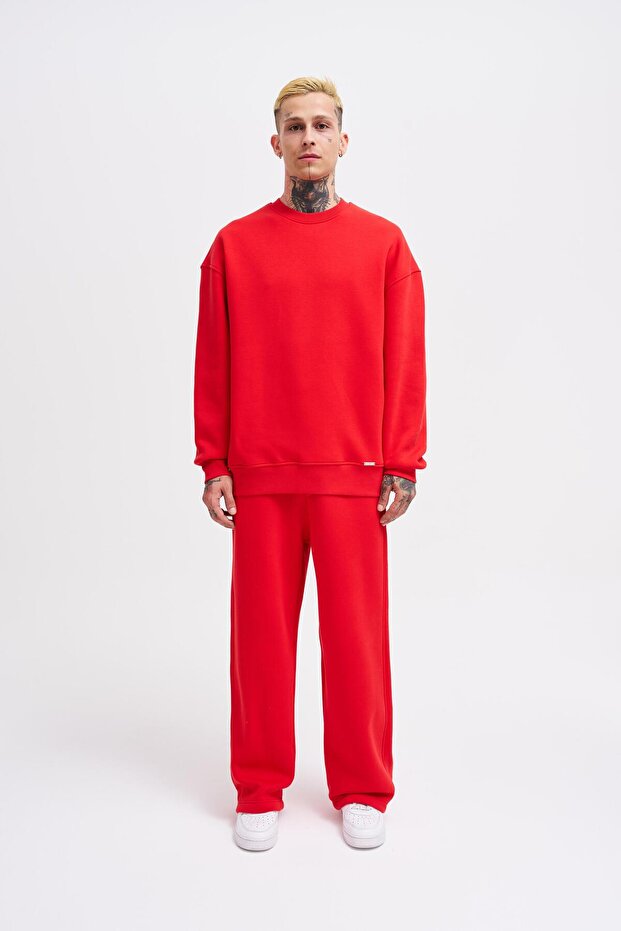 Erkek Basic Bisiklet Yaka Oversize Kırmızı Sweatshirt - 5