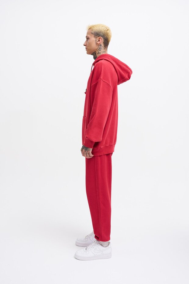 Erkek Basic Solid Kapüşonlu Oversize Yıkamalı Kırmızı Sweatshirt - 7