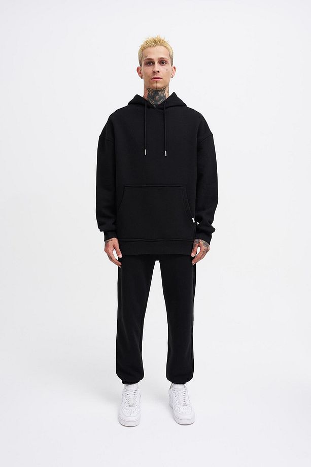 Erkek Basic Kapüşonlu Oversize Siyah Sweatshirt - 4