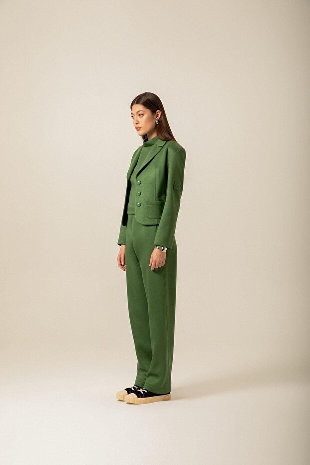 Düğme Detaylı Örme Yeşil Ceket - 4