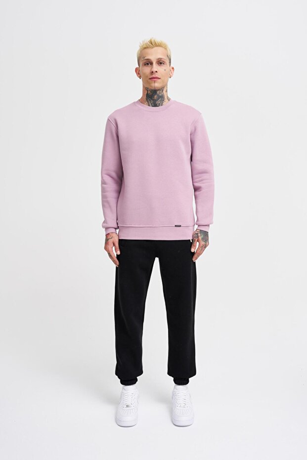 Erkek Bisiklet Yaka Basic Regular Pembe Sweatshirt - 5