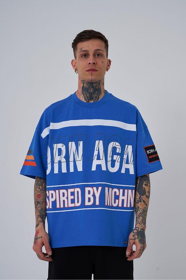 Erkek Inspired By Machinist Baskılı Oversize Açık Mavi Tişört - 1