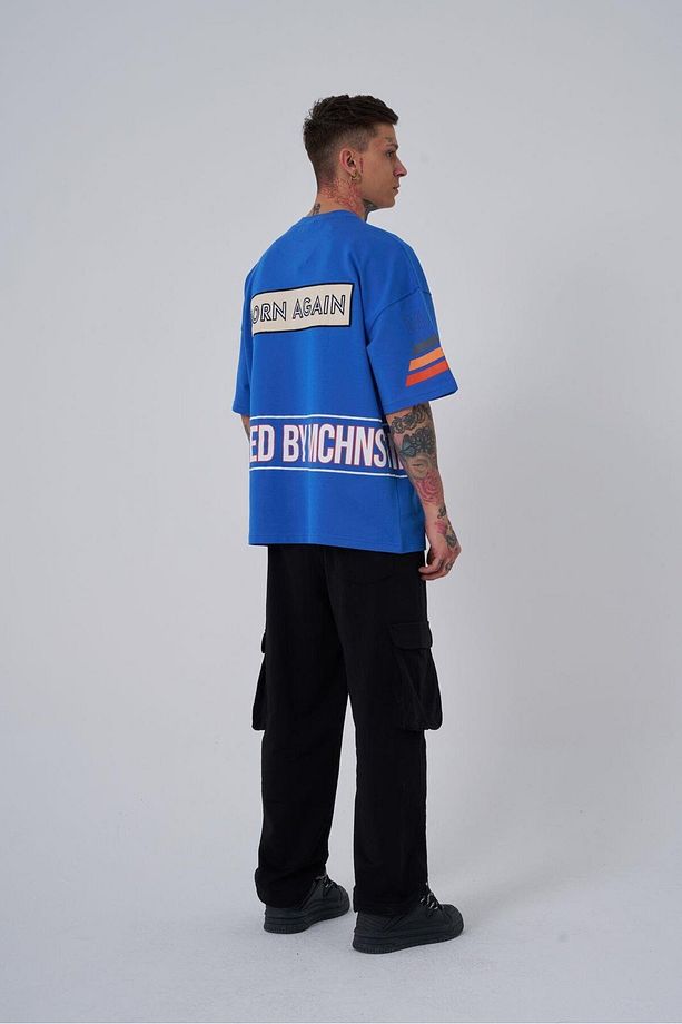 Erkek Inspired By Machinist Baskılı Oversize Açık Mavi Tişört - 4