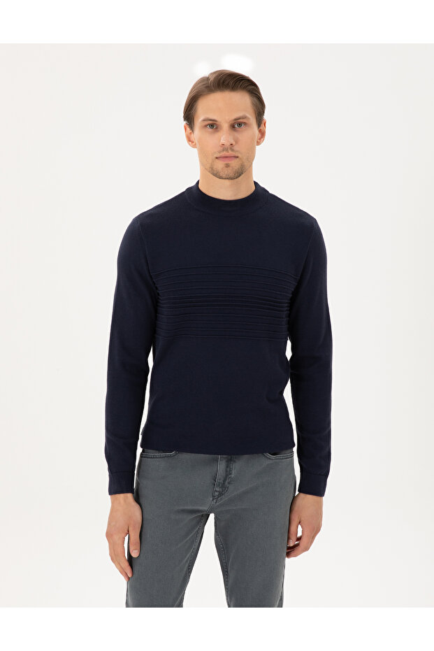Navy Blue Slim Fit Quarter Collar Wool Blend Knitwear Sweater 50296438-Vr033