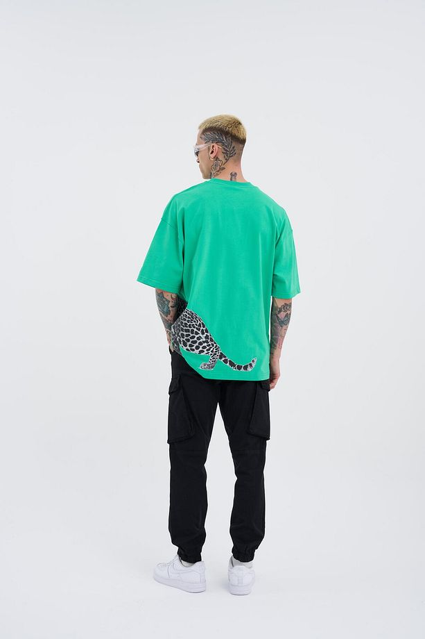 Erkek Leopard Baskılı Oversize Açık Yeşil Tişört - 5