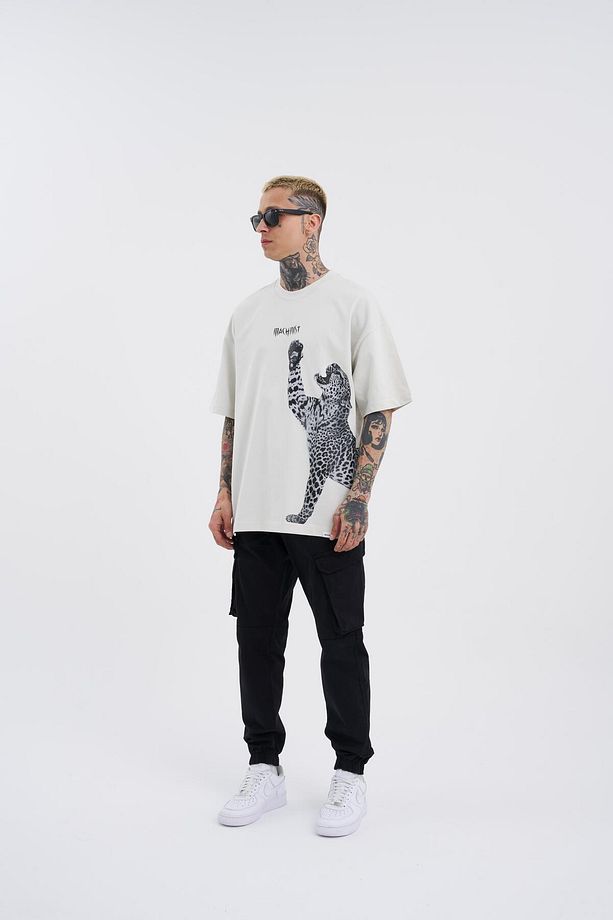 Erkek Leopard Baskılı Oversize Gri Tişört - 3