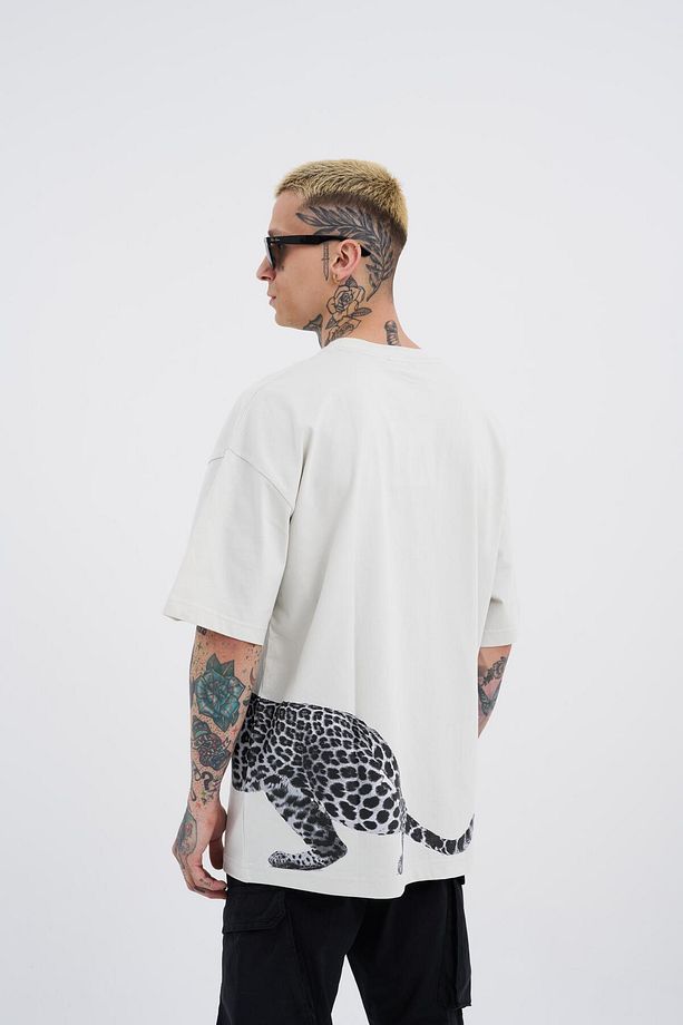 Erkek Leopard Baskılı Oversize Gri Tişört - 2
