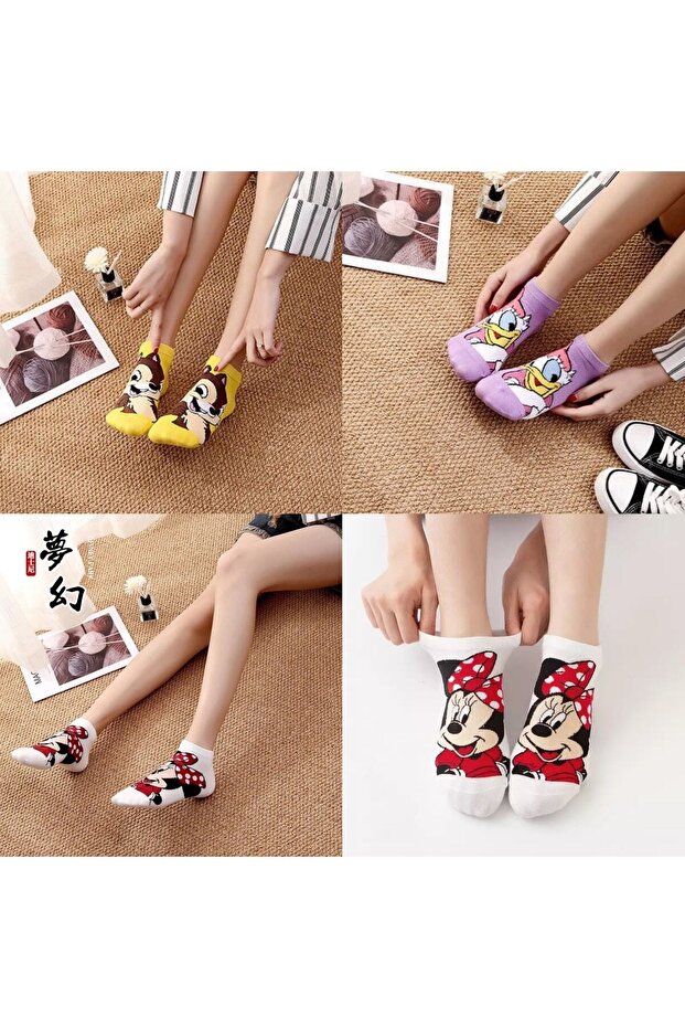 5 pár női aranyos többszínű mosható rajzfilm mintás cipzár bokazokni - 4