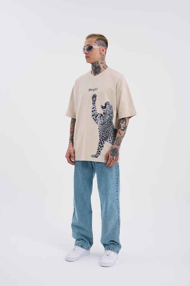 Erkek Leopard Baskılı Oversize Açık Bej Tişört - 4