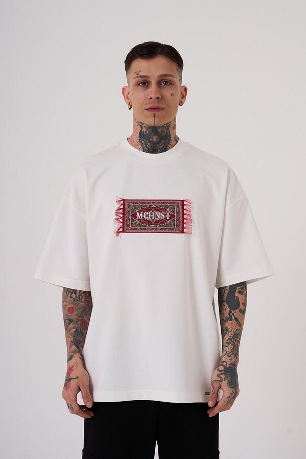 Erkek Carpet Patch Baskılı Oversize Ekru Tişört - 2