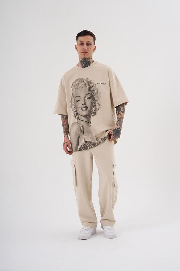 Erkek Marilyn Monrou Baskılı Oversize Soft Bej Tişört - 3