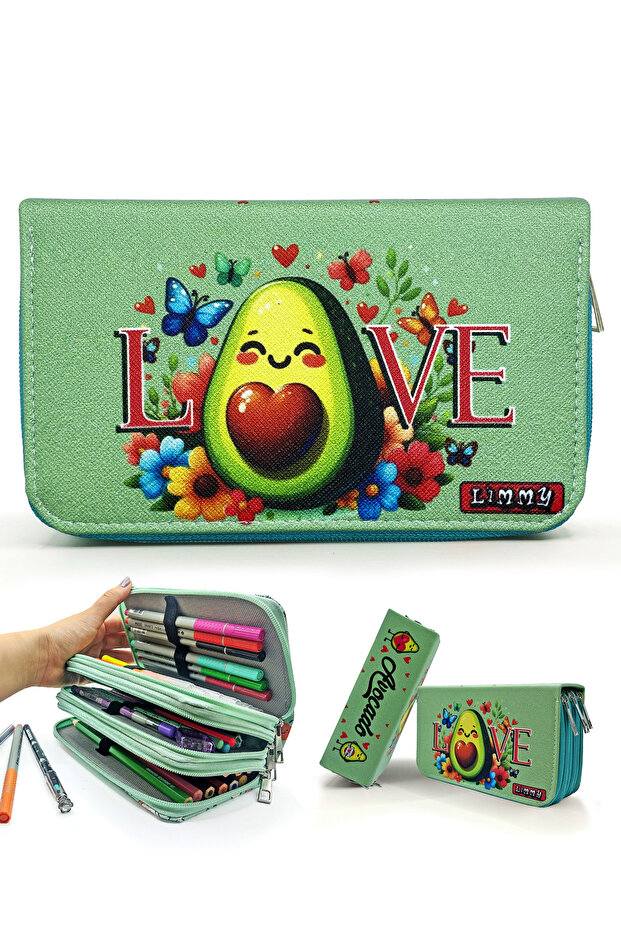 Pencil Case Avocado Love Kawai Organizer Pencil Case Vegan Leather Three Compartment Pen Holder - Green