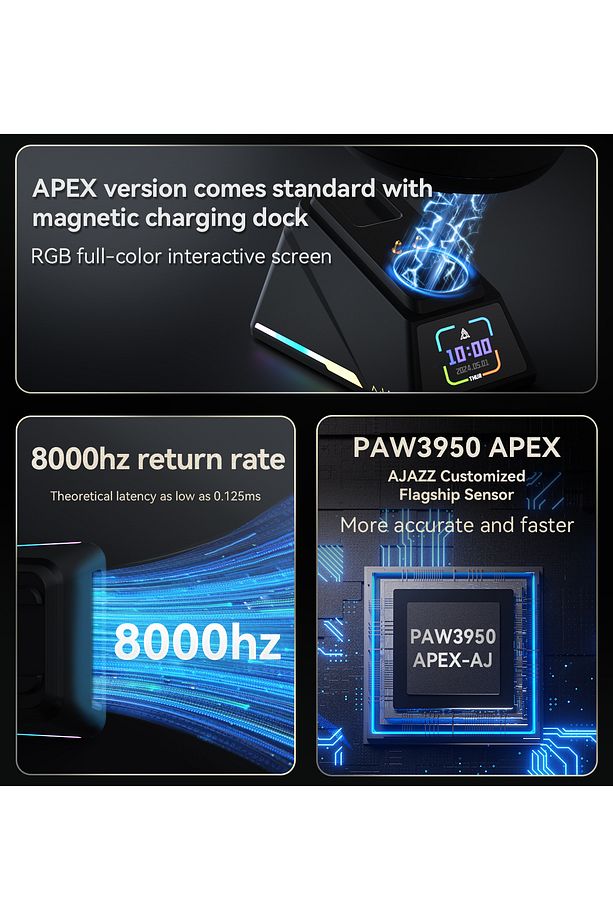 AJAZZ AJ-179 Apex 42000 DPI Manyetik Şarj İstasyonu TFT Ekranlı Mouse PAW 3950 Sensör 8K Dongle - 4