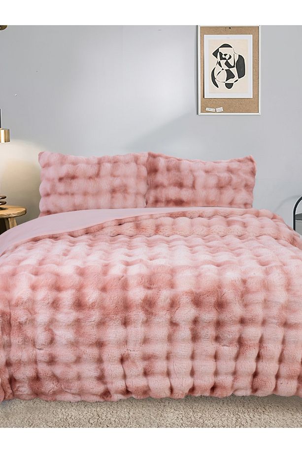 Bubble Soft Tavşan Tüyü Çift Kişilik Yatak Örtüsü Seti Pudra 220x240 - 1