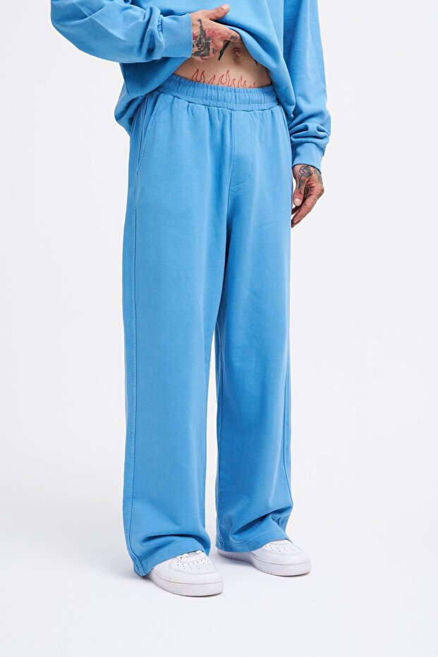 Erkek Yıkamalı Basic Baggy Mavi Eşofman Altı - 2