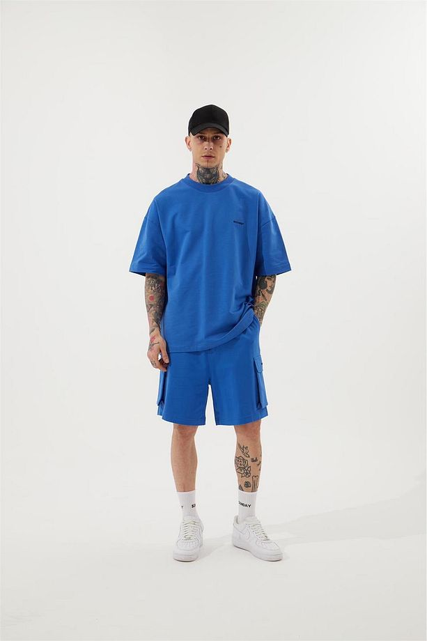 Erkek Kargo Basic Oversize Açık Mavi Şort - 5