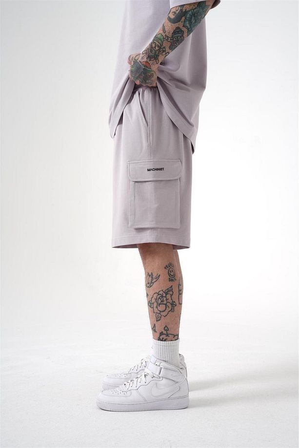 Erkek Kargo Cepli Basic Oversize Açık Gri Şort - 3