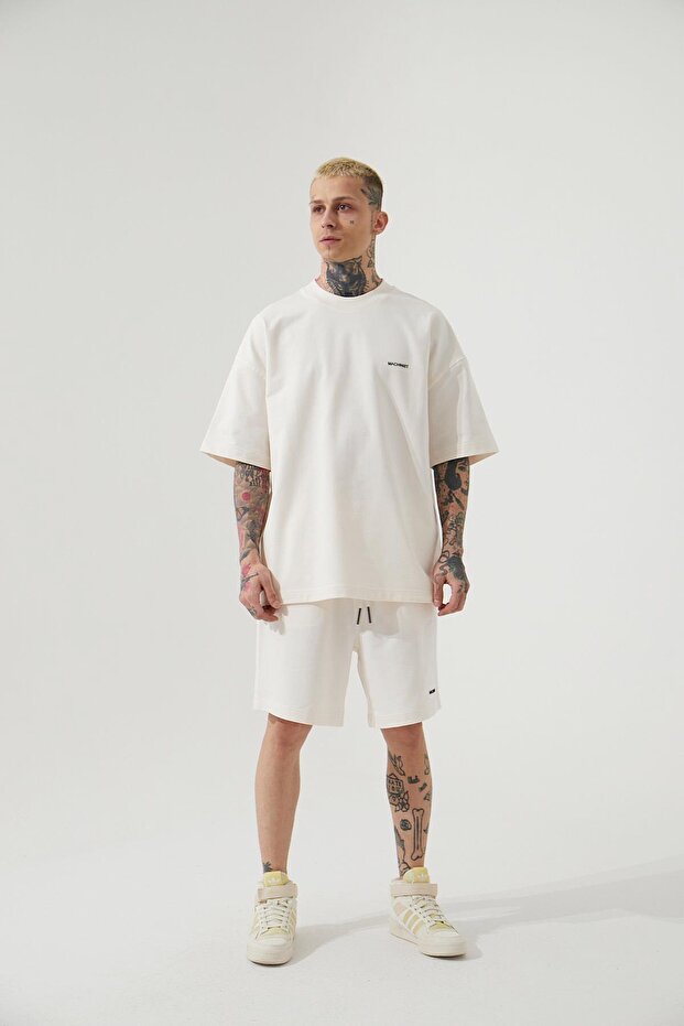 Erkek Cepli Basic Oversize Beyaz Şort - 4