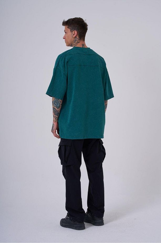 Erkek Yıkamalı Hidden Patch Oversize Petrol Spotted Tişört - 5