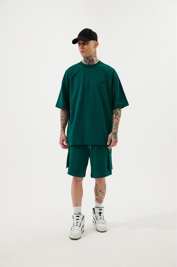 Erkek Kargo Basic Oversize Koyu Yeşil Şort - 4