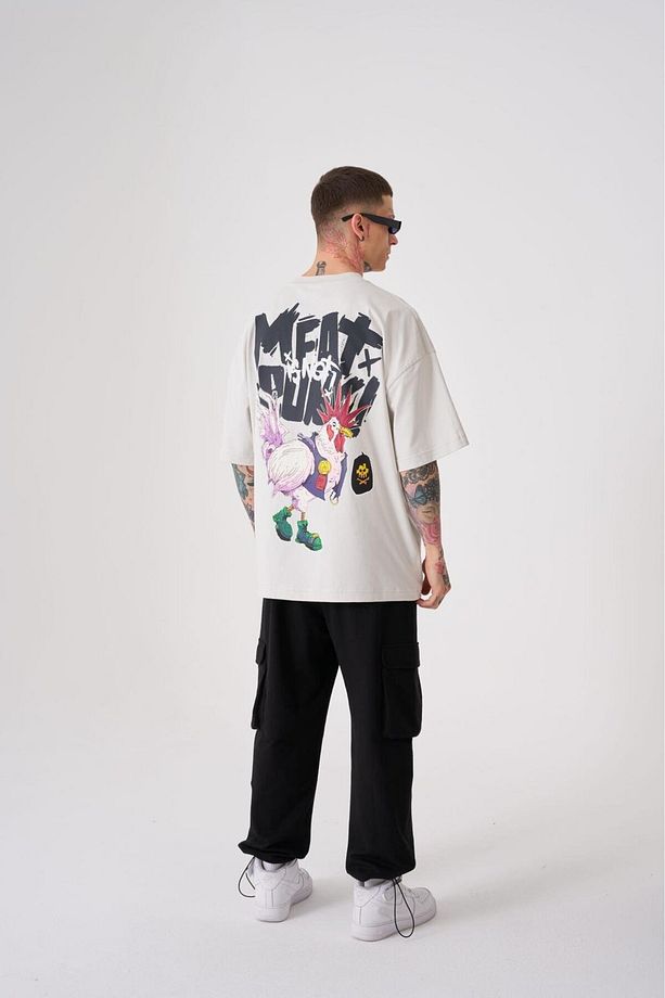 Erkek Meat Punk Baskılı Oversize Space Grey Tişört - 5