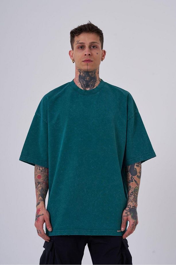 Erkek Yıkamalı Hidden Patch Oversize Petrol Spotted Tişört - 1