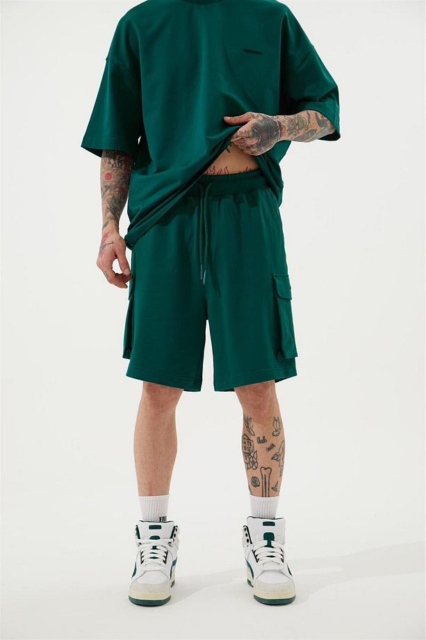 Erkek Kargo Basic Oversize Koyu Yeşil Şort - 1
