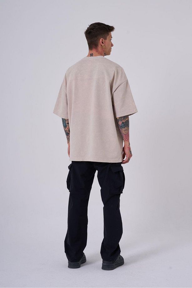 Erkek Yıkamalı Hidden Patch Oversize Açık Bej Spotted Tişört - 5