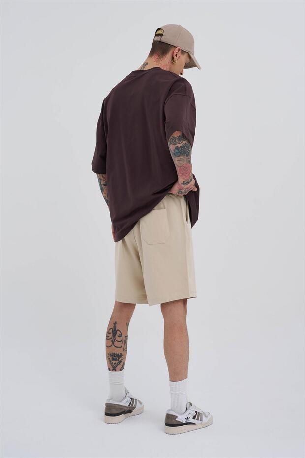 Erkek Cepli Basic Oversize Açık Bej Şort - 7