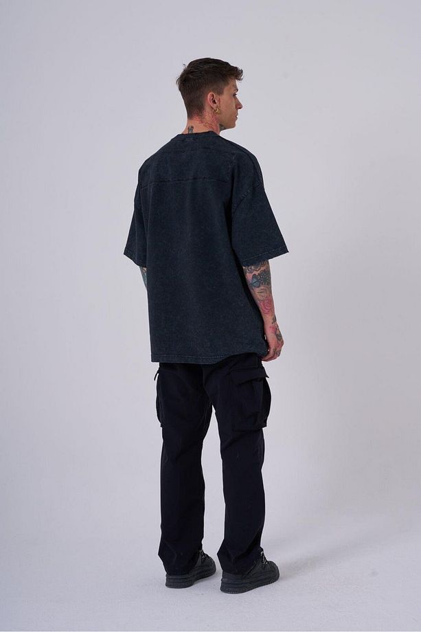 Erkek Yıkamalı Hidden Patch Oversize Asphalt Spotted Tişört - 5