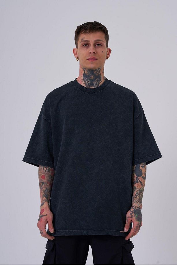 Erkek Yıkamalı Hidden Patch Oversize Asphalt Spotted Tişört - 1