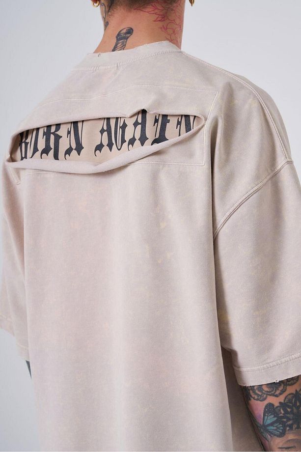 Erkek Yıkamalı Hidden Patch Oversize Açık Bej Spotted Tişört - 3