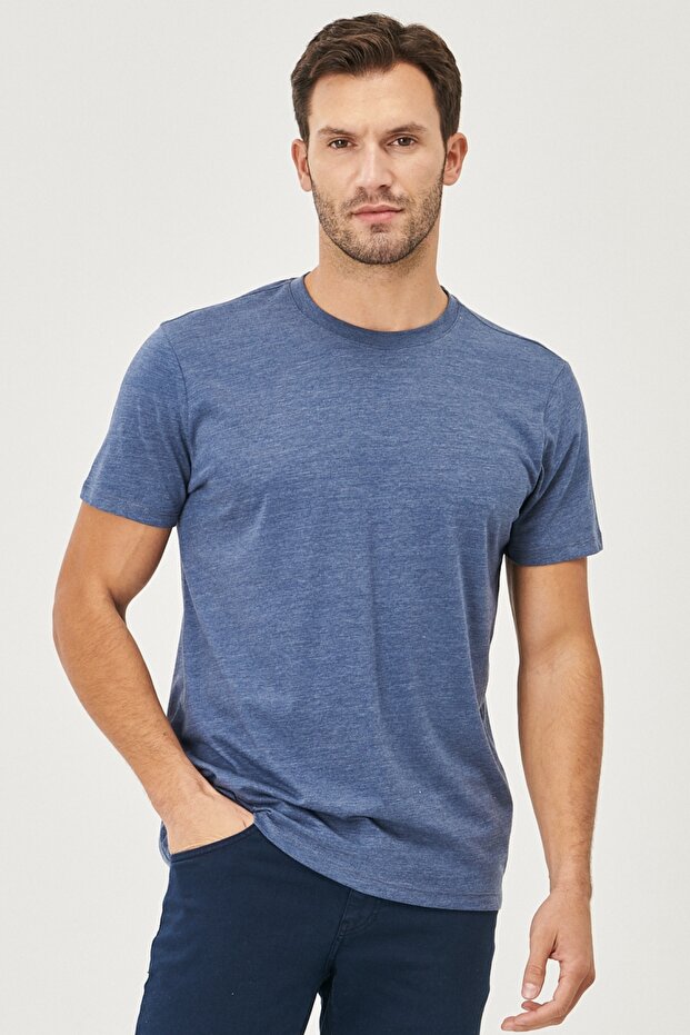 Erkek Beyaz-lacı-sarı-kırmızı-ındıgo Melanj Slim Fit Bisiklet Yaka 5'li Basic Tişört Paketi - 6